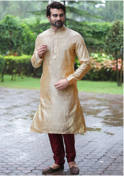 Gold with Maroon Color Silk Fabric Kurta Set